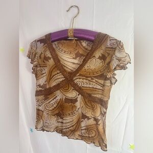 Y2K Brown Lettuce Hem Split Sleeve Lace VNeck Boho Paisley Fairy Crop Top S/M
